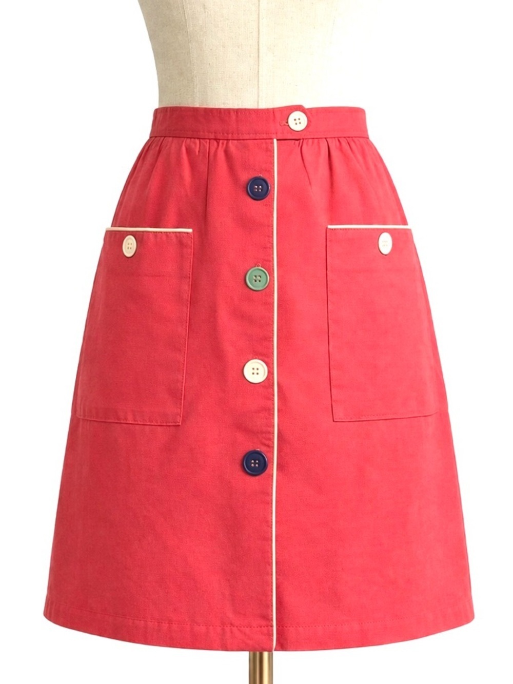Vintage pink multicolor button midi mini skirt- with button and elastic waist- S